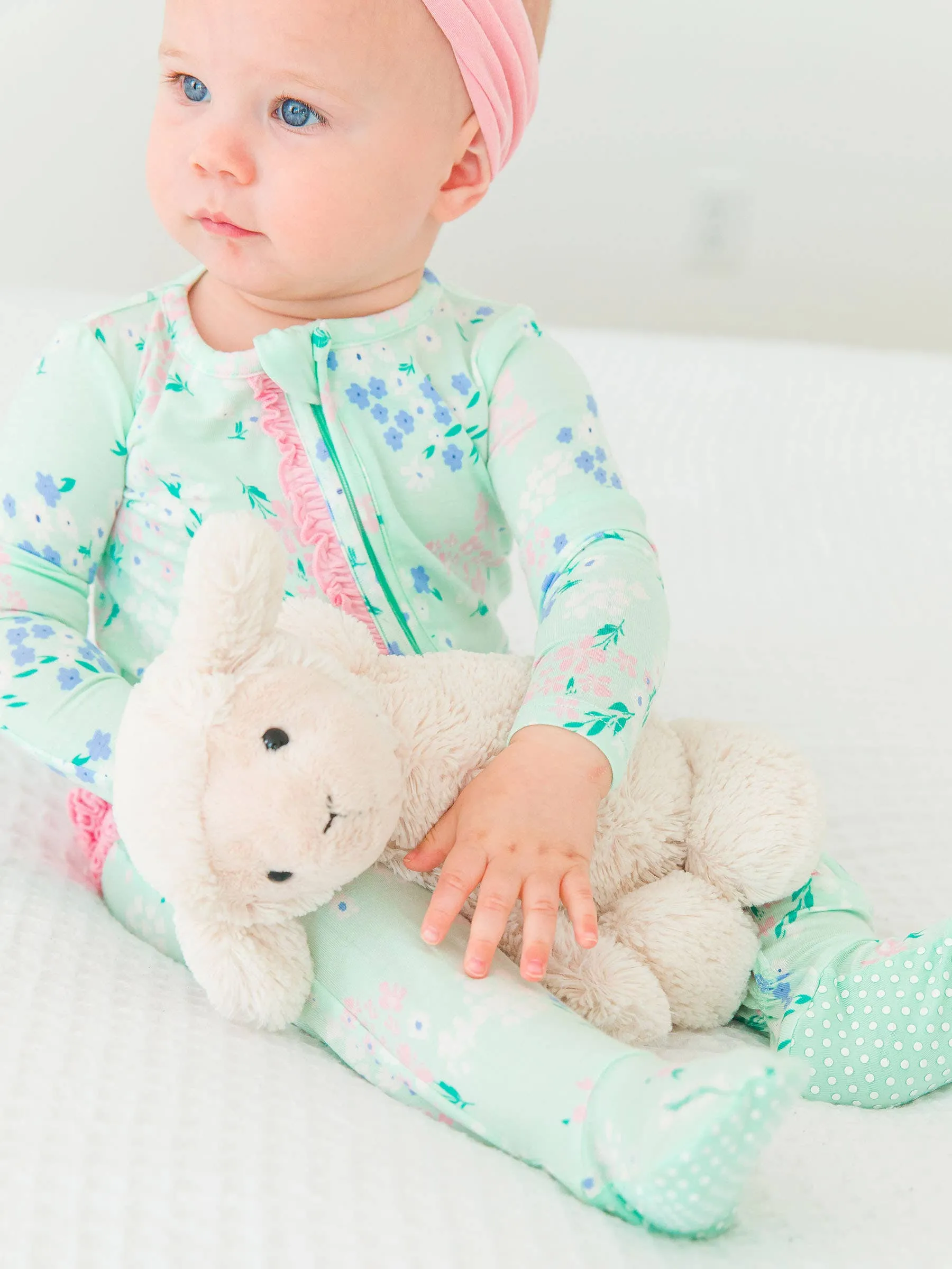 Baby Girls Mint Meadow Bamboo Viscose Ruffle Footed Pajama: Green