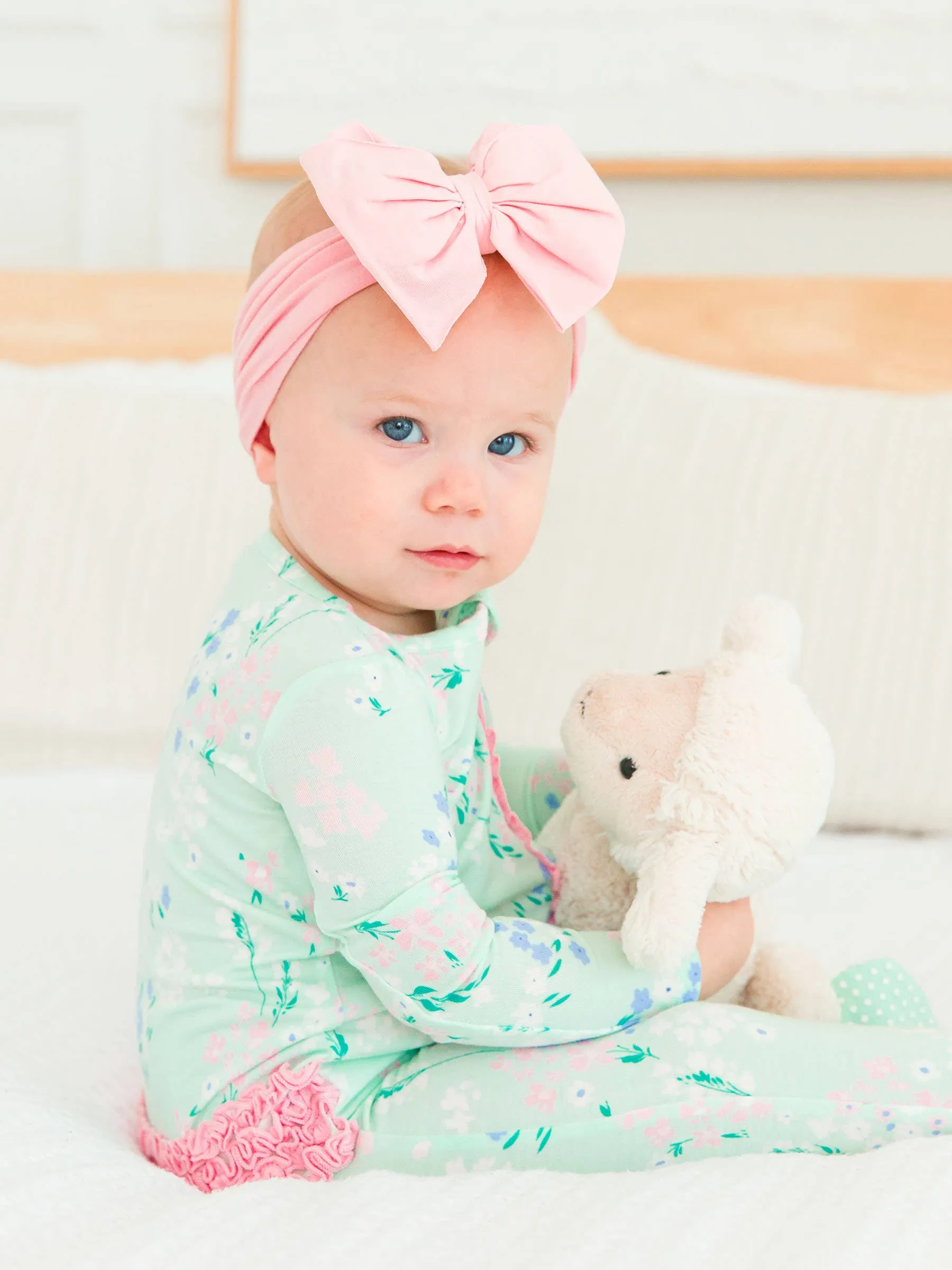 Baby Girls Mint Meadow Bamboo Viscose Ruffle Footed Pajama: Green