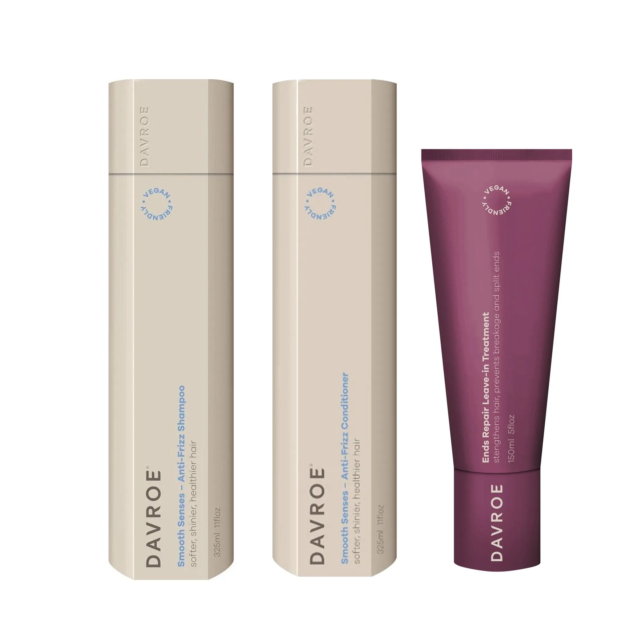 Davroe Smooth Senses Anti-Frizz Shampoo, Conditioner & Ends Repair Leave-in Treatment