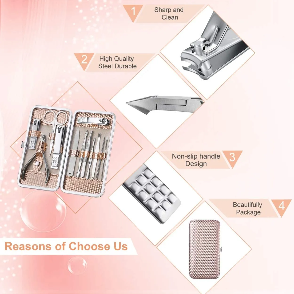 Manicure Set Professional Nail Clippers Set, 12Pcs Manicure Kit Stainless Steel Nail Kit for Women, Pedicure Set Nail Grooming Kit with Travel Case(Rose Gold)