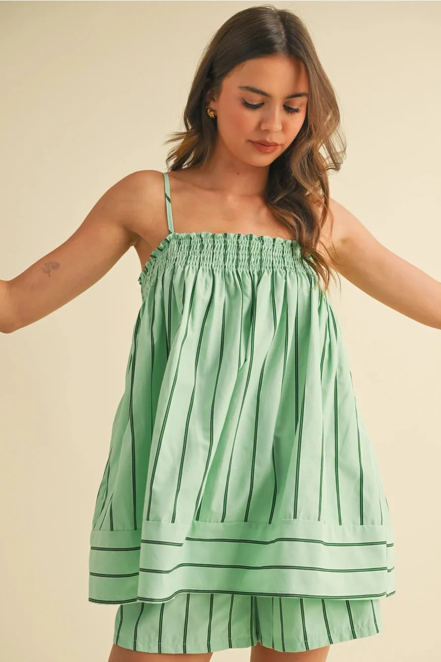 Striped Sleeveles Tunic Top and Shorts Set - Mint